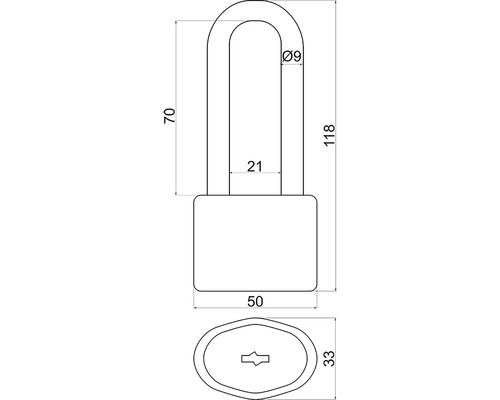 Technický výkres visiaceho zámku s rozmermi
