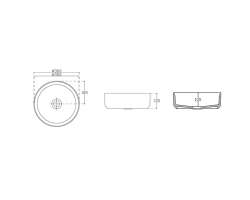 Technický nákres okrúhleho umývadla na dosku s rozmermi