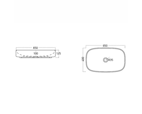 Technický nákres umývadla na dosku s rozmermi