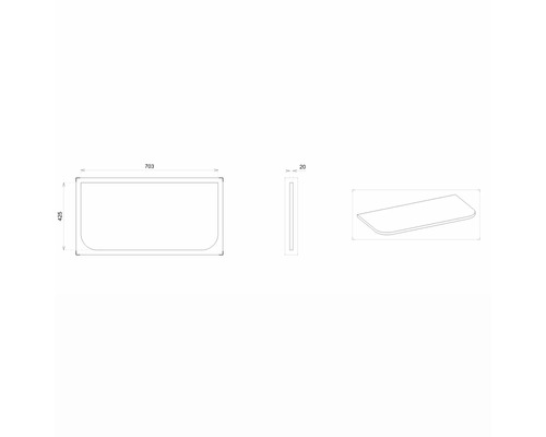 Technický výkres umývadlovej dosky s rozmermi.
