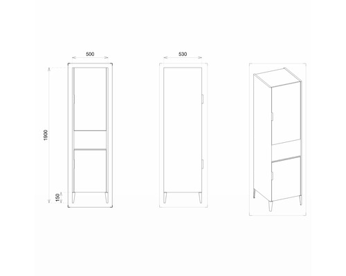 Technický nákres skrine s pohľadmi spredu, zboku a zozadu a rozmermi