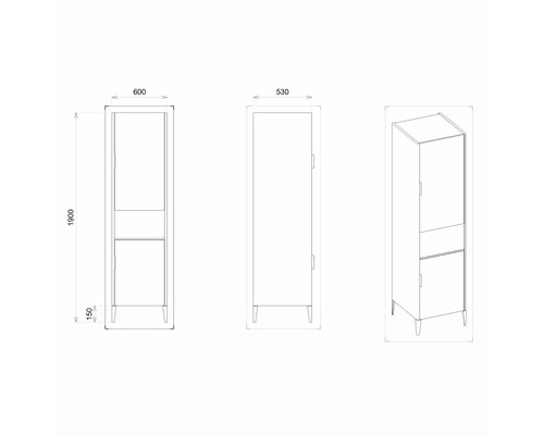 Technický nákres kúpeľňovej skrinky s rozmermi.
