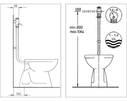 Technický nákres toalety so splachovacou rúrkou a rozmermi.