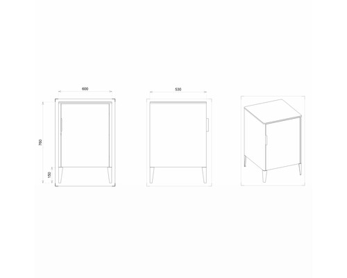 Technický nákres spodnej skrinky s dvierkami a rozmermi