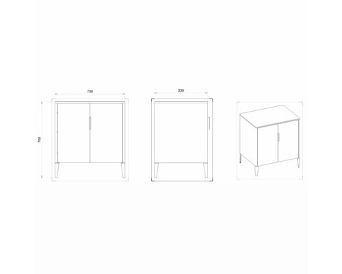 Nákres kúpeľňovej skrinky s rozmermi 700 x 760 x 530 milimetrov.