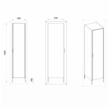Technický nákres skrine s rozmermi 450 x 530 x 1900 mm