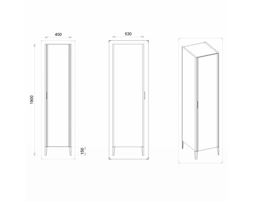 Technický nákres skrine s rozmermi 450 x 530 x 1900 mm