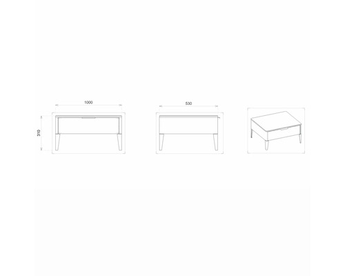Technický nákres umývadlovej skrinky so zásuvkou a rozmermi.