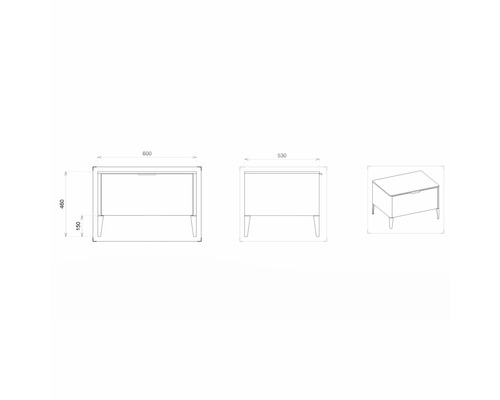 Technický nákres skrinky pod umývadlo s rozmermi