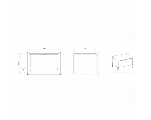 Výkres nábytku s rozmermi v rôznych pohľadoch