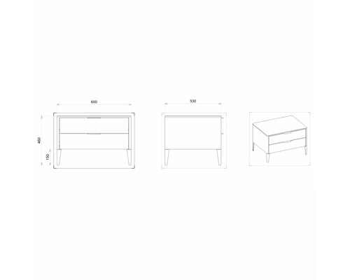 Technický nákres nočného stolíka s dvoma zásuvkami a rozmermi