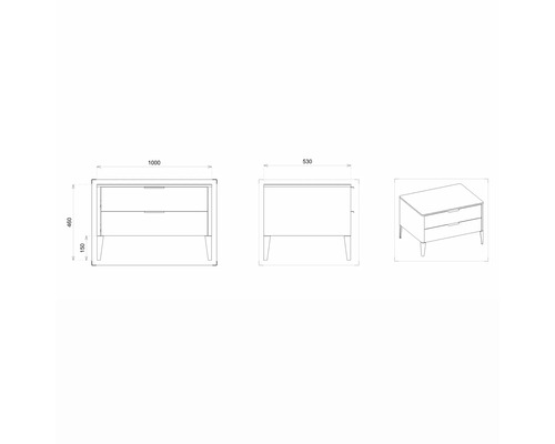 Technický nákres nočného stolíka so zásuvkami a rozmermi.