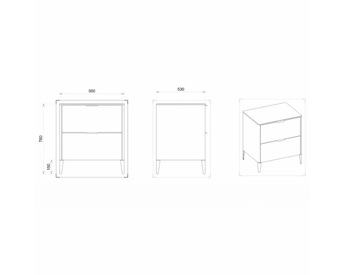 Technický nákres skrinky pod umývadlo s dvomi zásuvkami a rozmermi