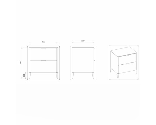 Technický nákres skrinky pod umývadlo s rozmermi.