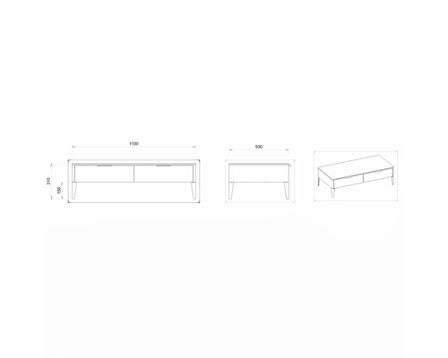 Nákres televíznej skrinky s rozmermi 1100 x 530 x 310 mm.