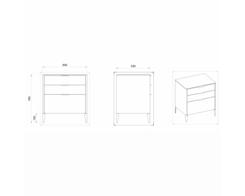 Technický nákres komody so zásuvkami s rozmermi.