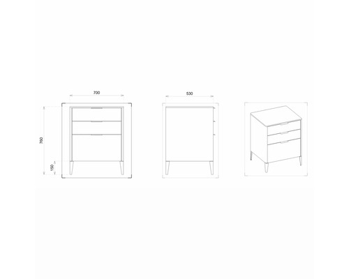 Technický výkres skrinky pod umývadlo s tromi zásuvkami a rozmermi.