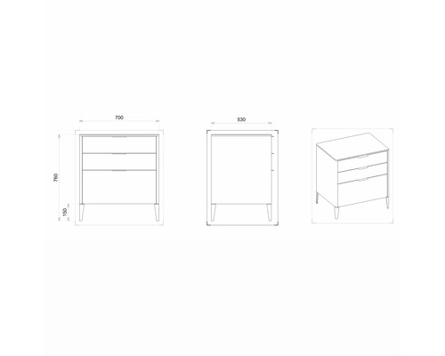 Technický nákres komody s tromi zásuvkami a rozmermi