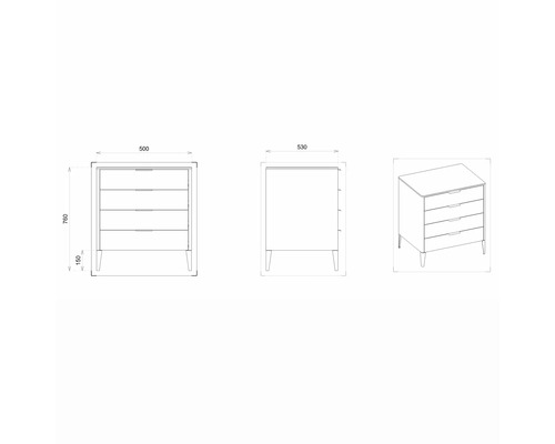 Technický nákres komody so štyrmi zásuvkami a rozmermi