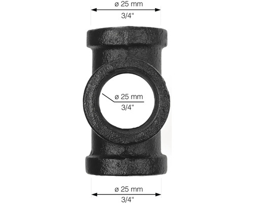 Čierny temperovaný liatinový T-kus s priemerom 25 mm