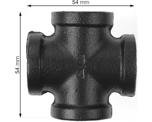 Čierna liatinová tvarovka krížového spoja s veľkosťou 54 mm