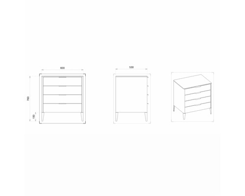 Technický nákres komody so štyrmi zásuvkami a rozmermi.