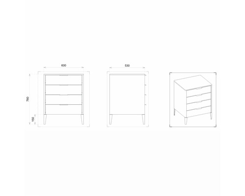 Technický nákres komody s piatimi zásuvkami a rozmermi.