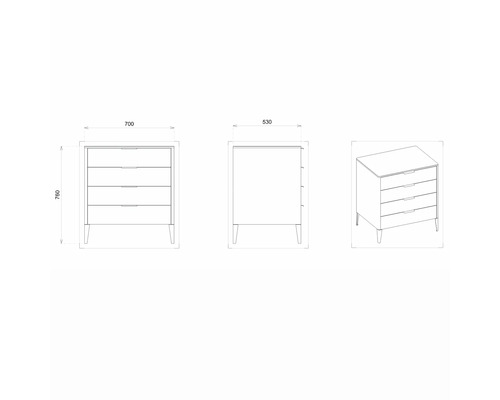 Technický nákres komody so štyrmi zásuvkami a rozmermi.