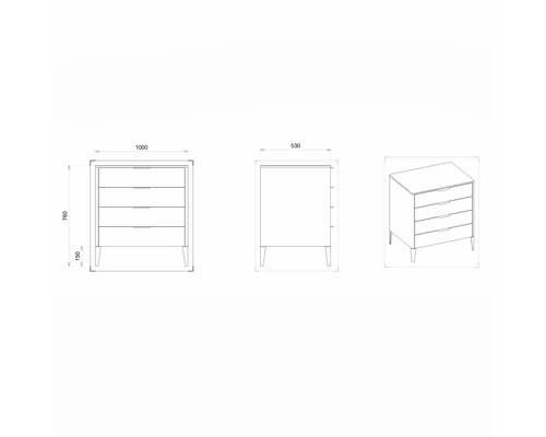 Výkres skrine s rozmermi 1000 x 530 x 760 mm