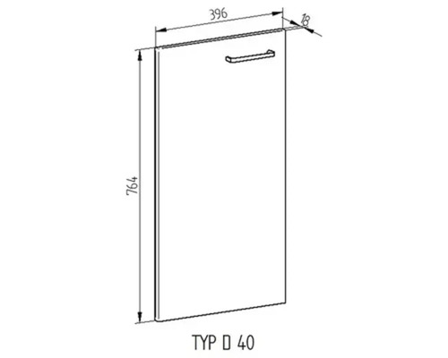 Schéma dvierok kuchynskej skrinky s rukoväťou, 764 x 396 milimetrov