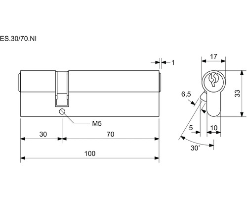 Technický nákres cylindrického zámku s rozmermi