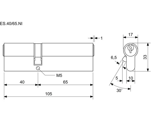 Technický nákres zámkovej vložky s rozmermi