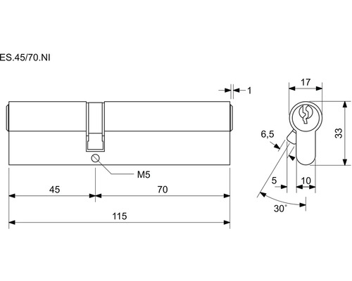 Technický nákres cylindrického zámku s rozmermi