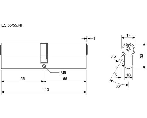 Technický nákres cylindrického zámku s rozmermi