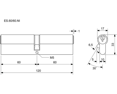 Technický nákres cylindrického zámku s rozmermi