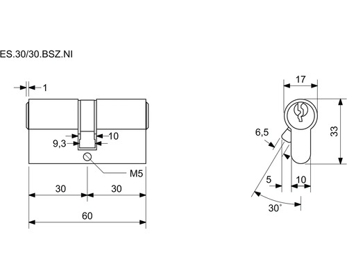Technický nákres cylindrického zámku s rozmermi