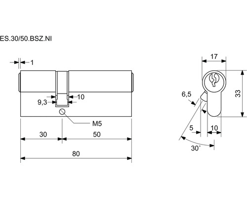Technický nákres cylindrického zámku s rozmermi