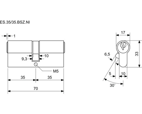 Technický nákres cylindrického zámku s rozmermi
