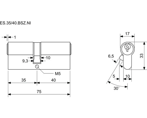 Technický nákres cylindrického zámku s rozmermi