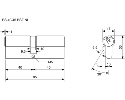 Technický nákres cylindrického zámku s rozmermi