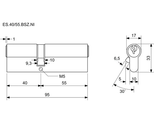 Technický nákres cylindrického zámku s rozmermi