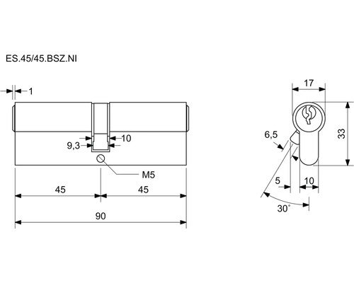 Technický nákres cylindrického zámku s rozmermi