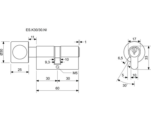 Technický nákres cylindrického zámku s rozmermi