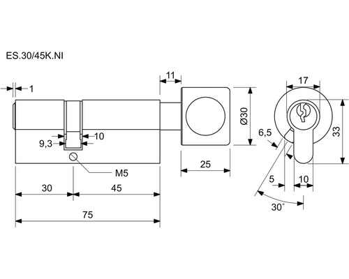 Technický nákres cylindrického zámku s rozmermi