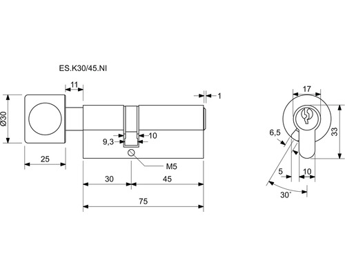 Technický nákres cylindrického zámku s rozmermi
