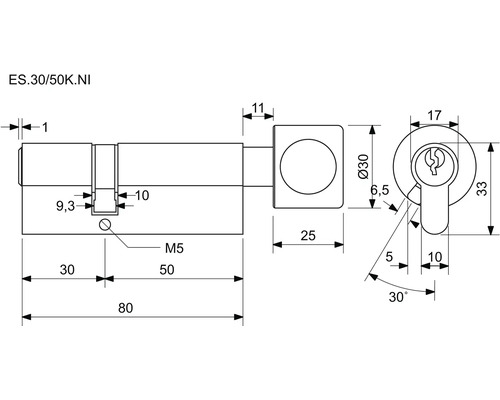 Technický nákres cylindrického zámku s rozmermi
