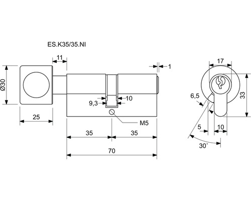 Technický nákres cylindrického zámku s rozmermi