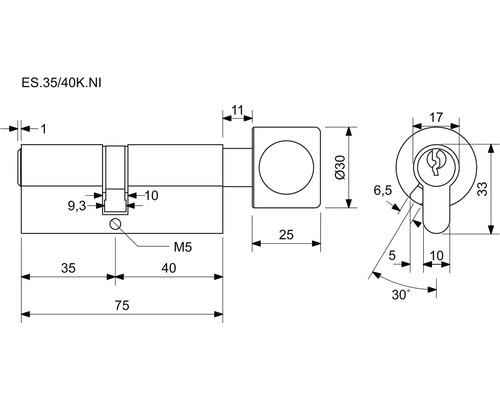 Technický výkres dverového valca s rozmermi