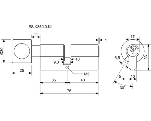 Technický nákres cylindrického zámku s rozmermi