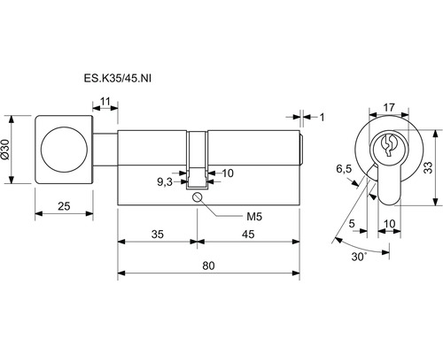 Technický nákres cylindrického zámku s rozmermi